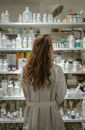 woman examining shelves of medical supplies in pharmacyの素材