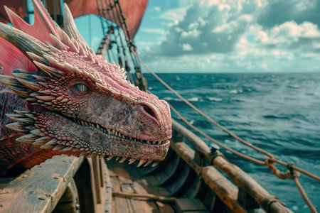 Mythical dragon head on a sailing shipの素材