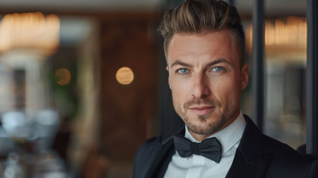 handsome man in formal wear posing in dimly lit roomの素材