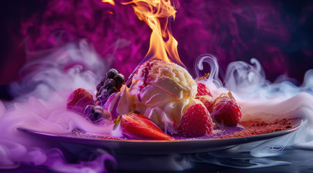 Flaming dessert with fresh berriesの素材
