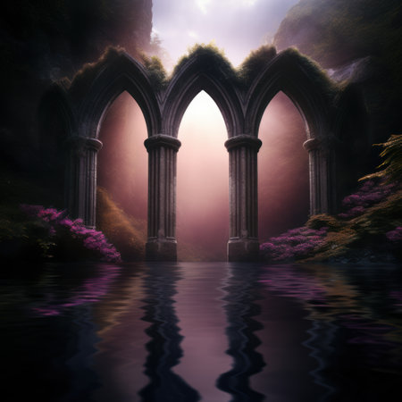 Mystical archway over tranquil watersの素材