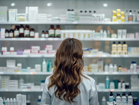pharmacist examining shelves of medicine in pharmacyの素材