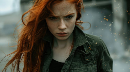 Intense redhead woman with windblown hairの素材