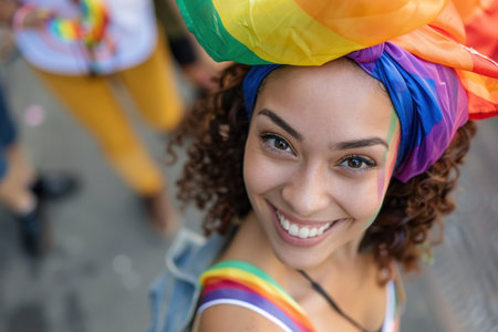 Smiling woman with colorful headscarfの素材