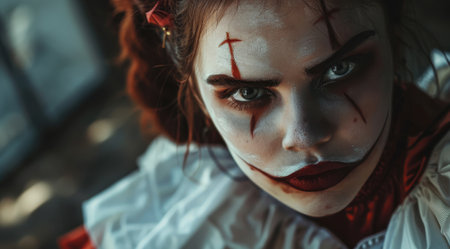 Creepy clown face with red makeup and ominous expressionの素材