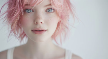 close-up portrait of a young woman with pink hairの素材