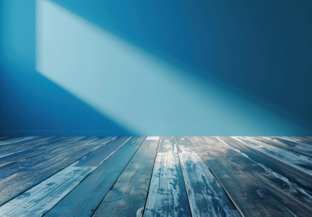 Serene blue wooden floor and wall backgroundの素材