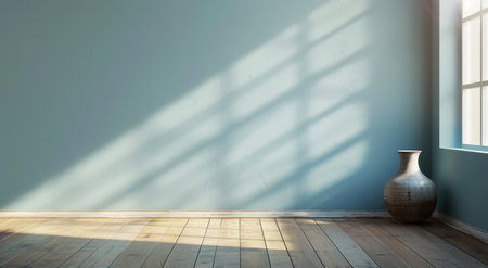 Sunlit empty room with wooden floor and ceramic vaseの素材
