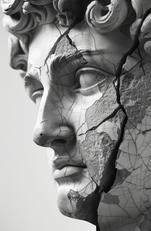 cracked and weathered stone face sculptureの素材