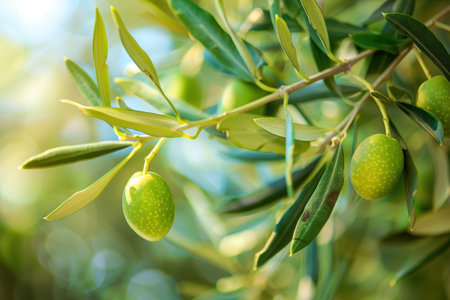 Closeup of green olives on olive tree branchの素材