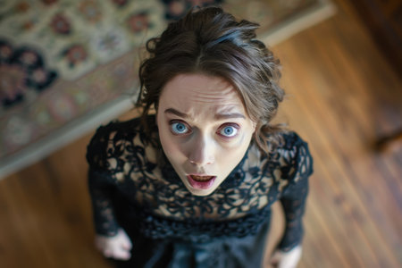 Surprised woman with wide eyes and open mouthの素材