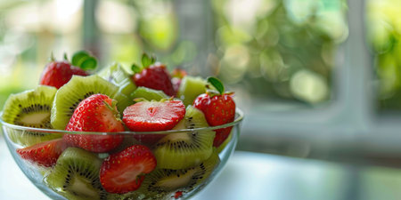 Fresh fruit salad in glass bowlの素材