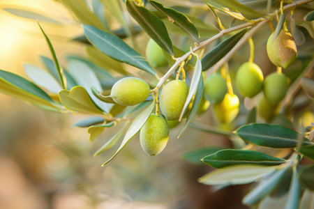 Fresh green olives growing on an olive tree branchの素材