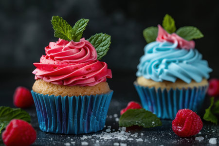 Colorful cupcakes with vibrant frosting and fresh mint leavesの素材