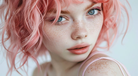 close-up portrait of a young woman with vibrant pink hairの素材