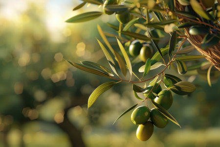 Olive tree branch with green olives in sunlightの素材