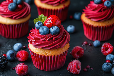 Delicious berry cupcakes with vibrant red frosting and fresh fruit toppingsの素材