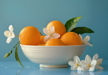 Fresh oranges and white flowers in a bowlの素材