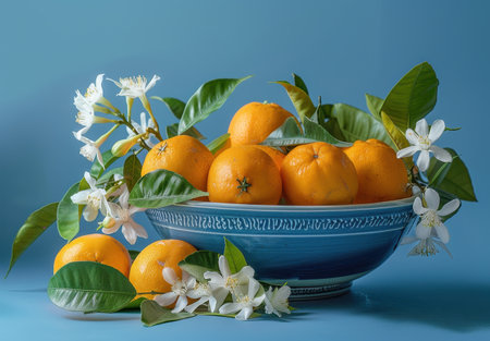 Fresh citrus fruits in a blue ceramic bowl with white flowersの素材