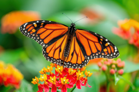 Vibrant orange monarch butterfly on red and yellow flowerの素材