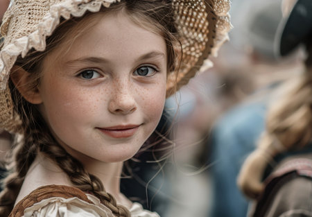Thoughtful young girl with lace headpieceの素材