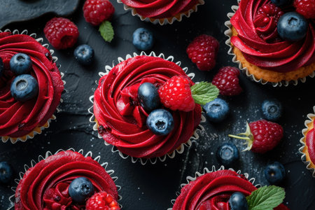Delicious homemade red velvet cupcakes with fresh berriesの素材