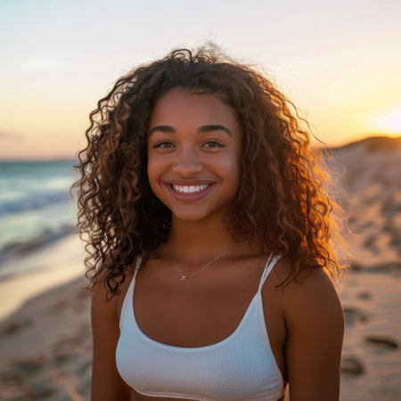 smiling woman with curly hair on beach at sunsetの素材