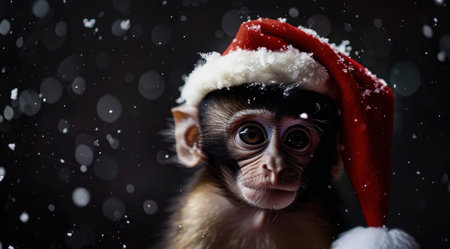Cute baby monkey wearing santa hat in snowy sceneの素材