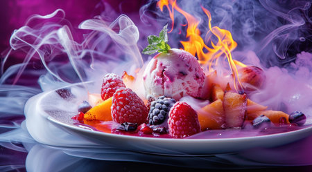 Flaming dessert with fresh berries and ice creamの素材