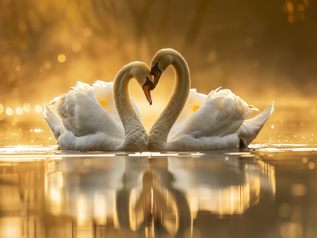 two swans forming a heart shape on golden waterの素材