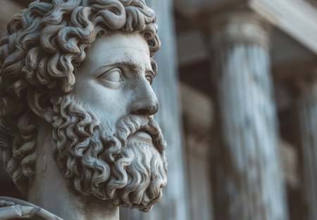 Detailed sculpture of a pensive figure with curly hair and beardの素材