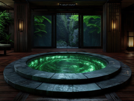 Serene Japanese garden with illuminated water featureの素材