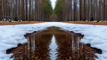Serene winter forest landscape with snow-covered path and reflection in puddleの素材
