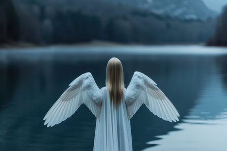 Angelic figure standing in a serene lakeの素材