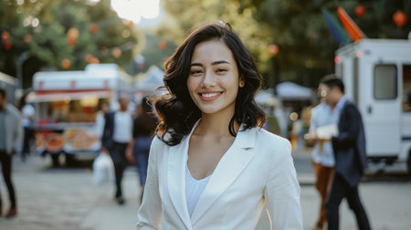 Smiling woman in white jacket on city streetの素材