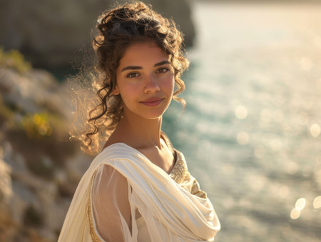 Serene woman in flowing white dress by the seaの素材
