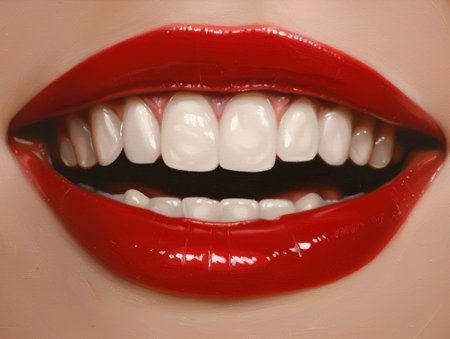 Closeup of a woman's lips with red lipstickの素材