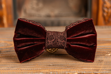 Elegant burgundy velvet bow tie on wooden backgroundの素材