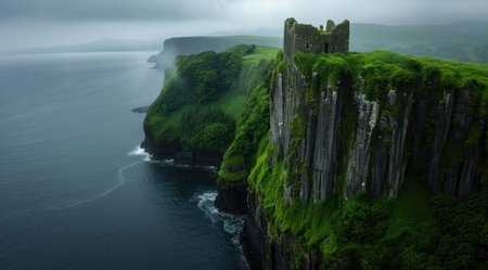 Dramatic Coastal Castle Ruins in Misty Irelandの素材