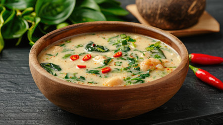Delicious vegetable soup in a wooden bowlの素材