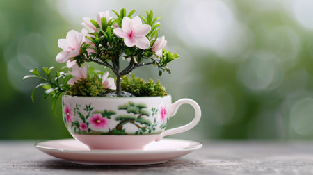 Miniature flowering tree in a teacupの素材