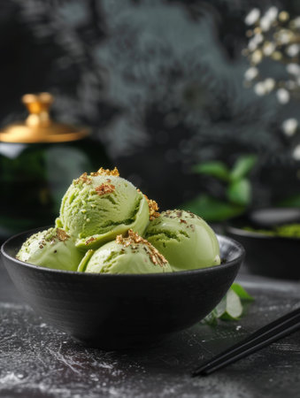 Delicious green tea ice cream scoops in a black bowlの素材