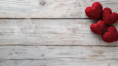 Sparkling red hearts on rustic wooden backgroundの素材