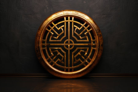 Ornate golden circular symbol on dark backgroundの素材