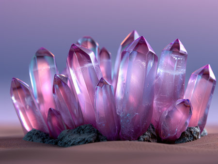Vibrant purple quartz crystals on a dark surfaceの素材