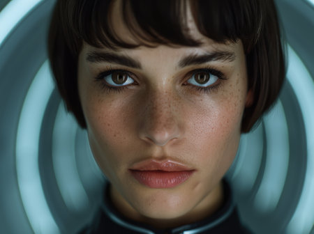 Close-up portrait of a young woman with striking eyesの素材