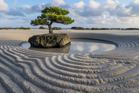 Serene zen garden with bonsai tree and rippled sandの素材