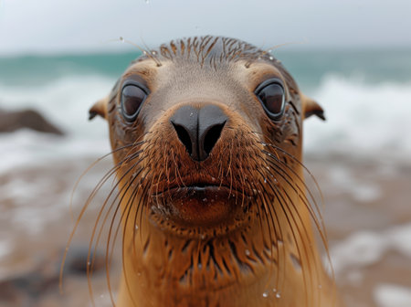 close-up portrait of a curious sea lionの素材