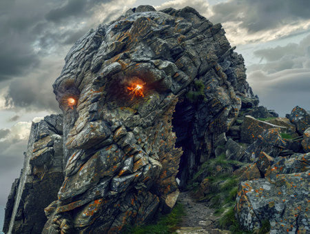 Dramatic rocky mountain landscape with glowing caveの素材