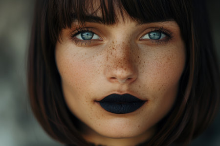 close-up portrait of a woman with dark hair and frecklesの素材